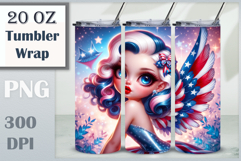 Fantasy patriotic angel girl with red white and blue wings and glamorous retro style — sublimation design for 20 oz tumbler, perfect for 4th of July and USA holidays