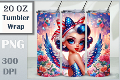 Fantasy patriotic angel girl with red white and blue wings and glamorous retro style — sublimation design for 20 oz tumbler, perfect for 4th of July and USA holidays