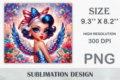 Fantasy patriotic angel girl with red white and blue wings and glamorous retro style — sublimation design for 20 oz tumbler, perfect for 4th of July and USA holidays