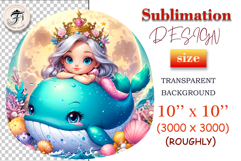 Fantasy clipart of kawaii mermaid girl riding a smiling whale with seashells and moon backdrop, ideal for printable designs, sublimation, kids art, and party decor.