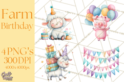 Farm Birthday Clipart PNG, Watercolor Farm Animals Birthday Product Image 1