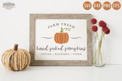 Farm Fresh Pumpkins with a small orange pumpkin shown on a white sign with a wooden frame