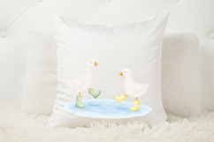 Spring-themed goose clipart featuring playful geese and water splashes, suitable for kids invitations, classroom materials, and nursery prints.