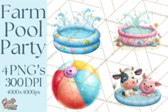 Farm Animals Pool Party Clipart, Summer Farm Animals PNG Product Image 1