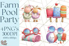 Farm Animals Pool Party Clipart, Summer Farm Animals PNG Product Image 1