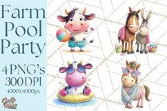 Farm Animals Pool Party Clipart, Summer Farm Animals PNG Product Image 1