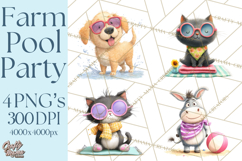 Farm Animals Pool Party Clipart, Summer Farm Animals PNG Product Image 1