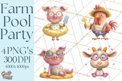 Farm Animals Pool Party Clipart, Summer Farm Animals PNG Product Image 1