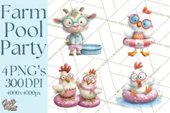 Farm Animals Pool Party Clipart, Summer Farm Animals PNG Product Image 1