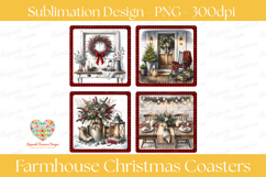 Set of four farmhouse Christmas coaster sublimation PNG designs featuring buffalo plaid borders, a holiday wreath on a rustic window, cozy front porch with rocking chair, winter floral arrangement with lantern, and festive farmhouse dining table decorated