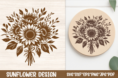 Rustic sunflower bouquet SVG design in brown line art on light wood background, ideal for Cricut, Silhouette, and laser engraving round signs, cutting boards, and farmhouse kitchen wall decor.