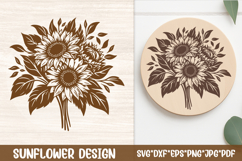 Rustic sunflower bouquet SVG design in brown line art on light wood background, ideal for Cricut, Silhouette, and laser engraving round signs, cutting boards, and farmhouse kitchen wall decor.