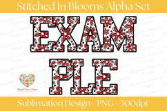 Stitched floral alphabet PNG set featuring bold varsity-style letters A through Z with red, black, and white flower patterns, stitched outlines, transparent background, 300 DPI sublimation design for personalized crafts and monograms.