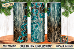 Faux glitter teal leopard print over woodgrain sublimation tumbler wrap detail