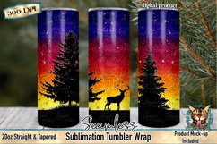 High-resolution tumbler wrap PNG featuring faux glitter ombre morning sunrise design with deer and tree silhouette