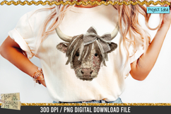 Faux patchwork Highland cow PNG with rustic fabric texture, stitched details and bow, western farmhouse clipart for sublimation designs