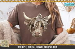 Faux patchwork Highland cow PNG with rustic fabric texture, stitched details and bow, western farmhouse clipart for sublimation designs