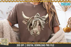 Faux patchwork Highland cow PNG with rustic fabric texture, stitched details and bow, western farmhouse clipart for sublimation designs