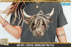 Faux patchwork Highland cow PNG with rustic fabric texture, stitched details and bow, western farmhouse clipart for sublimation designs