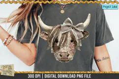 Faux patchwork Highland cow PNG with rustic fabric texture, stitched details and bow, western farmhouse clipart for sublimation designs