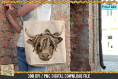 Faux patchwork Highland cow PNG with rustic fabric texture, stitched details and bow, western farmhouse clipart for sublimation designs