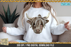Faux patchwork Highland cow PNG with rustic fabric texture, stitched details and bow, western farmhouse clipart for sublimation designs