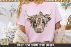 Faux patchwork Highland cow PNG with rustic fabric texture, stitched details and bow, western farmhouse clipart for sublimation designs