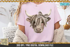 Faux patchwork Highland cow PNG with rustic fabric texture, stitched details and bow, western farmhouse clipart for sublimation designs