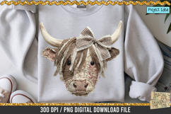 Faux patchwork Highland cow PNG with rustic fabric texture, stitched details and bow, western farmhouse clipart for sublimation designs
