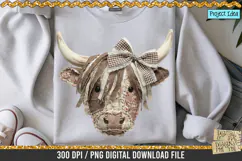 Faux patchwork Highland cow PNG with rustic fabric texture, stitched details and bow, western farmhouse clipart for sublimation designs
