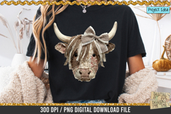 Faux patchwork Highland cow PNG with rustic fabric texture, stitched details and bow, western farmhouse clipart for sublimation designs