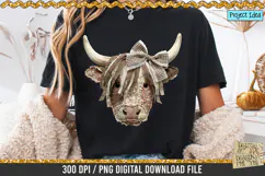 Faux patchwork Highland cow PNG with rustic fabric texture, stitched details and bow, western farmhouse clipart for sublimation designs