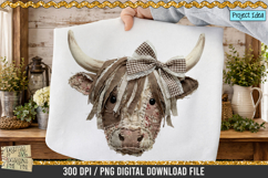 Faux patchwork Highland cow PNG with rustic fabric texture, stitched details and bow, western farmhouse clipart for sublimation designs