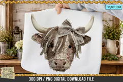 Faux patchwork Highland cow PNG with rustic fabric texture, stitched details and bow, western farmhouse clipart for sublimation designs