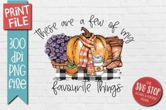 Favourite Things Fall T-shirt Printable Sublimation design with purple mums boots coffee and a pumpkin with a scarf clipart