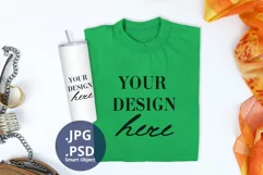 Green T-shirt & Skinny Tumbler Mockup, Folded T-shirt mockup Product Image 1