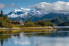 Red wooden cabin reflecting in calm water with snow capped m Product Image 1