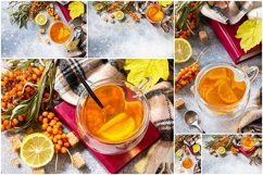 Hot Sea buckthorn tea with lemon bundle 6 stock photos. Product Image 1