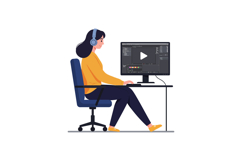 A woman wearing headphones works diligently at a desk on a c Product Image 1