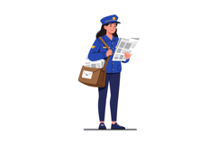 A female postal worker in a blue uniform reading a newspaper Product Image 1
