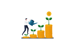 A man watering growing plants represented by stacks of coins Product Image 1