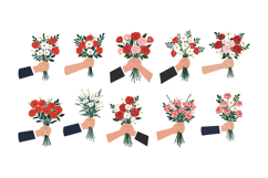 Colorful bouquets held by diverse hands in a flat design sty Product Image 1