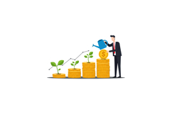 Businessman in a suit watering plants growing from stacked c Product Image 1