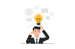 A man in a suit pondering with a light bulb above his head, Product Image 1