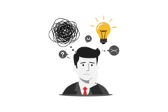 Pensive businessman with swirling thoughts and light bulb mo Product Image 1