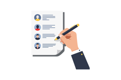 A hand holding a pen writing on a document featuring various Product Image 1