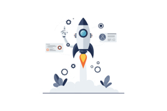 A sleek rocket launching amidst gears and digital elements i Product Image 1