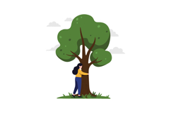 A woman embracing a large green tree in a grassy area under Product Image 1