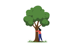 A woman embracing a green tree in a lush, minimal landscape Product Image 1