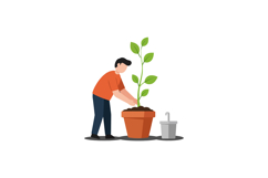 A man in an orange shirt tending to a potted plant in a mini Product Image 1
